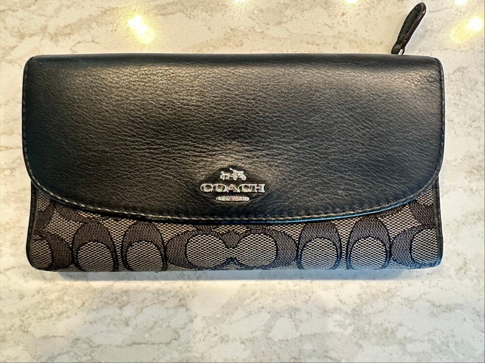 Coach Signature C Black Gray Canvas Checkbook Wallet G1632-F55202 - PROJECT